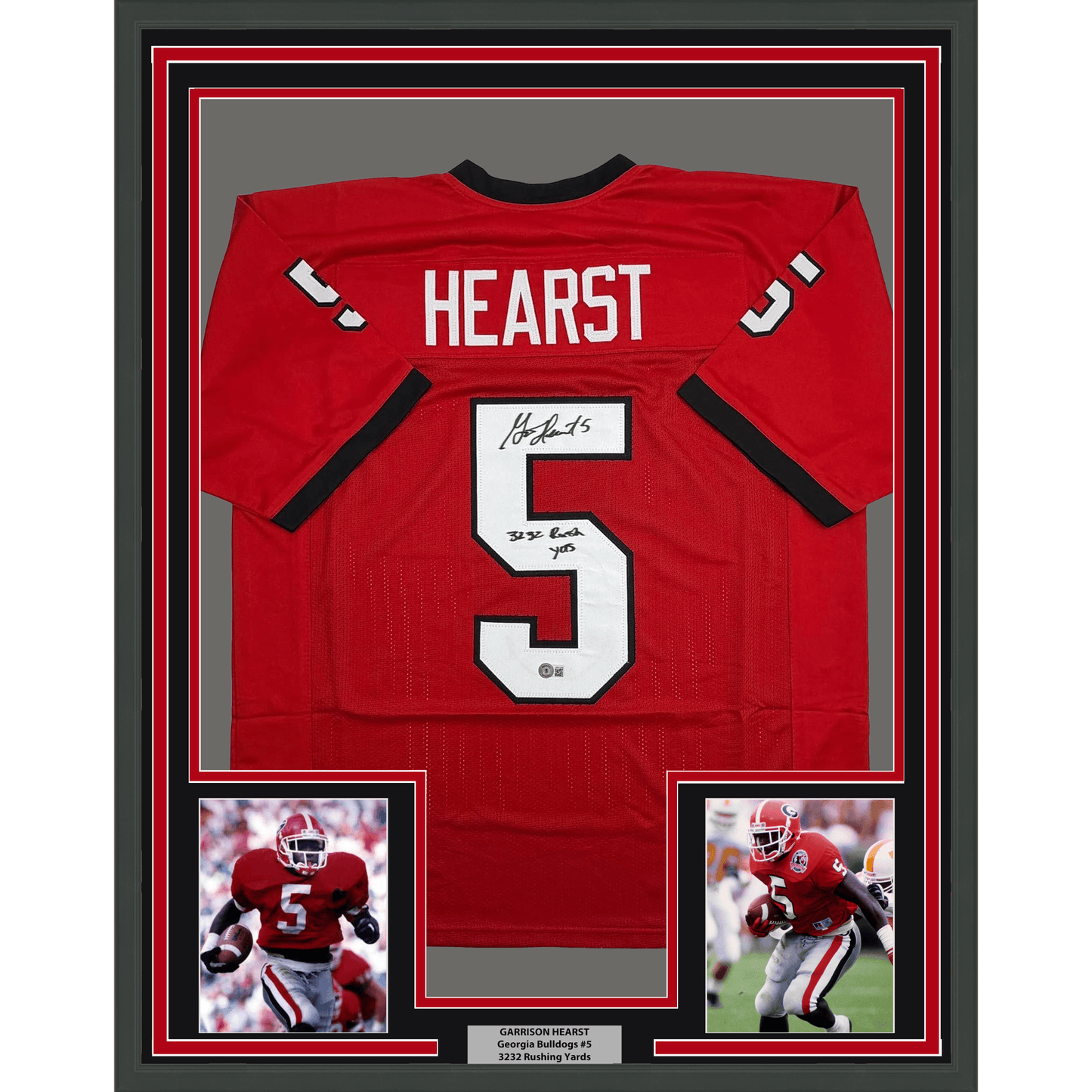 Framed Autographed/Signed Garrison Hearst 35x39 3232 Yards Georgia Red College Football Jersey Beckett BAS COA