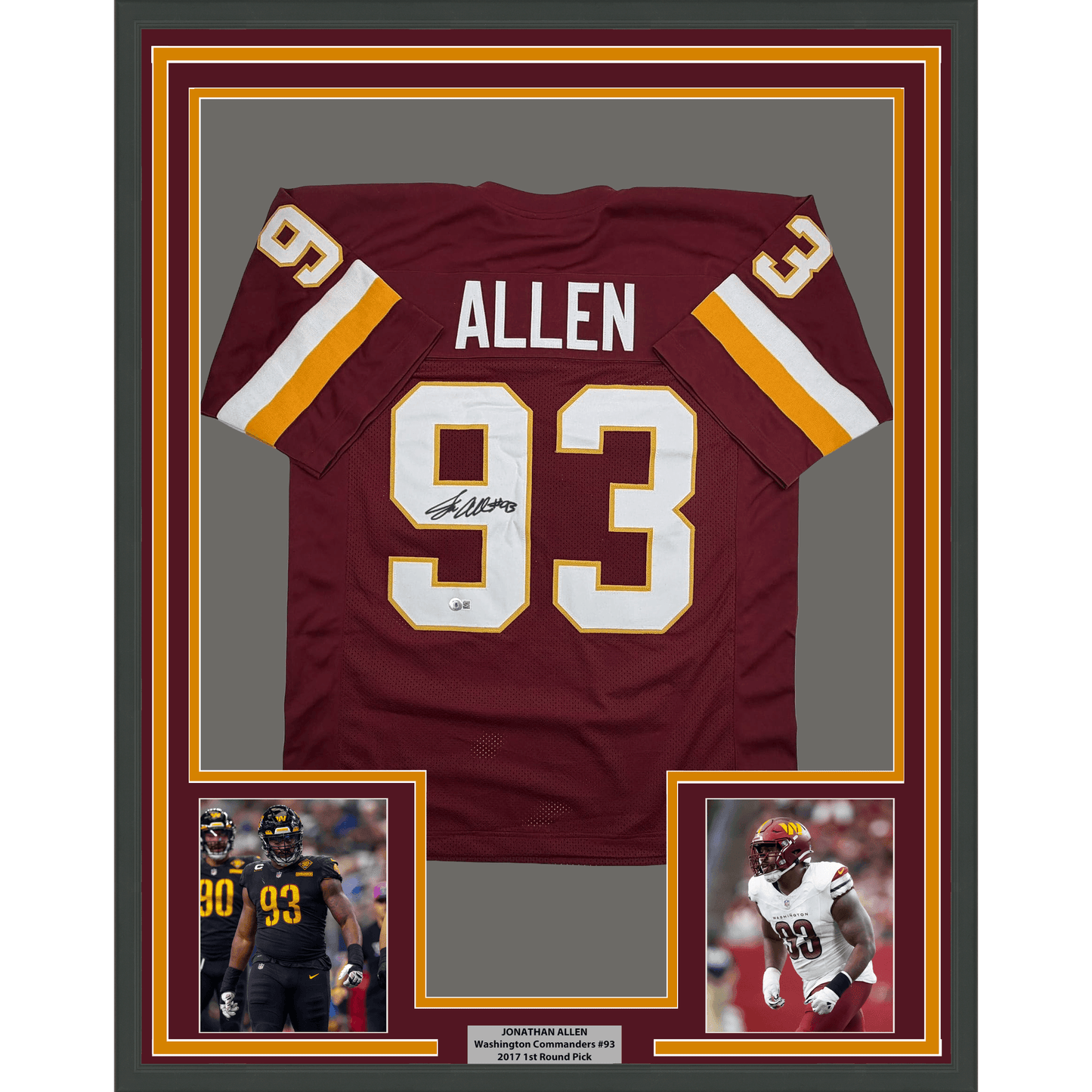 Framed Autographed/Signed Jonathan Allen 35x39 Washington Maroon Football Jersey JSA COA