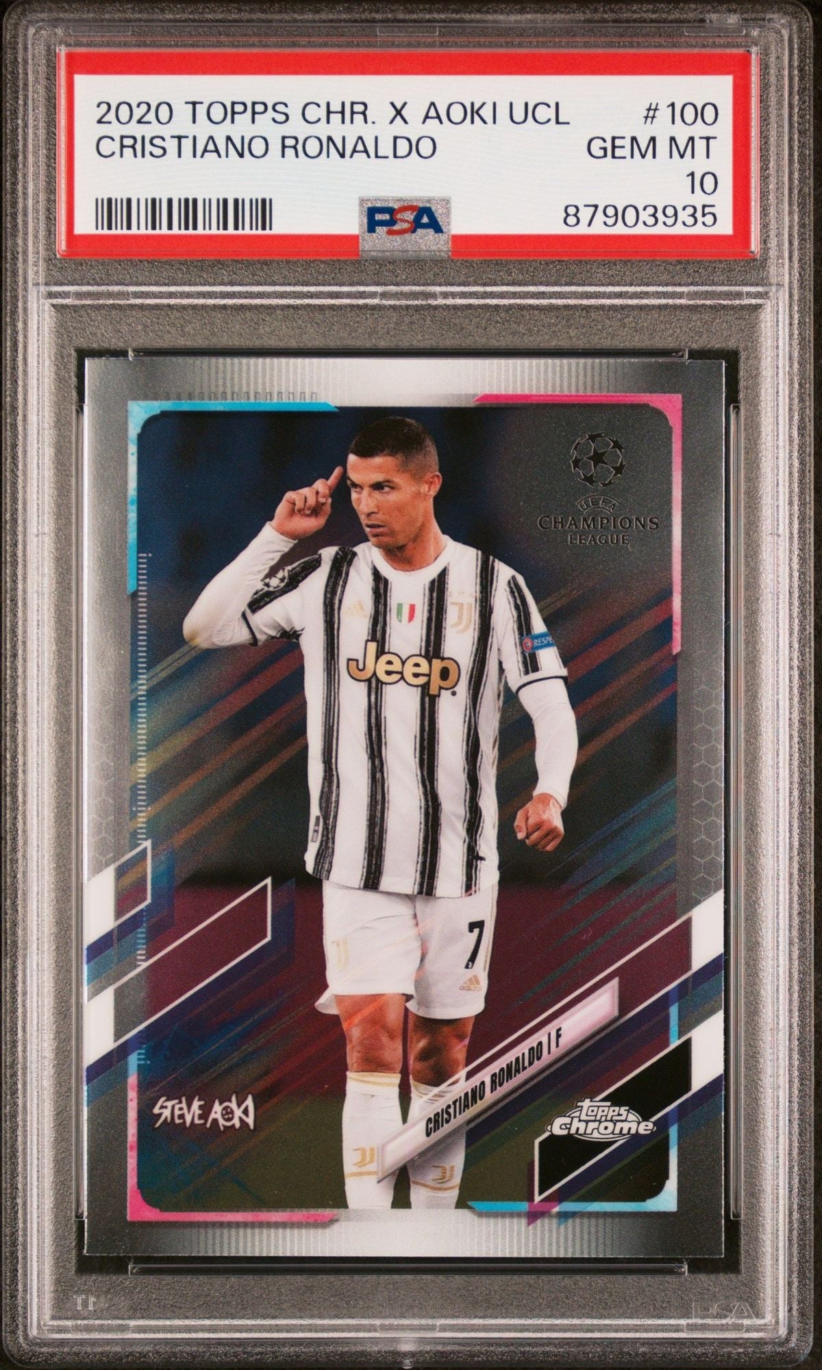 Graded 2020 Topps Chrome UCL Cristiano Ronaldo #100 x Steve Aoki UEFA Champions League Neon Future Soccer Card PSA 10 Gem Mint