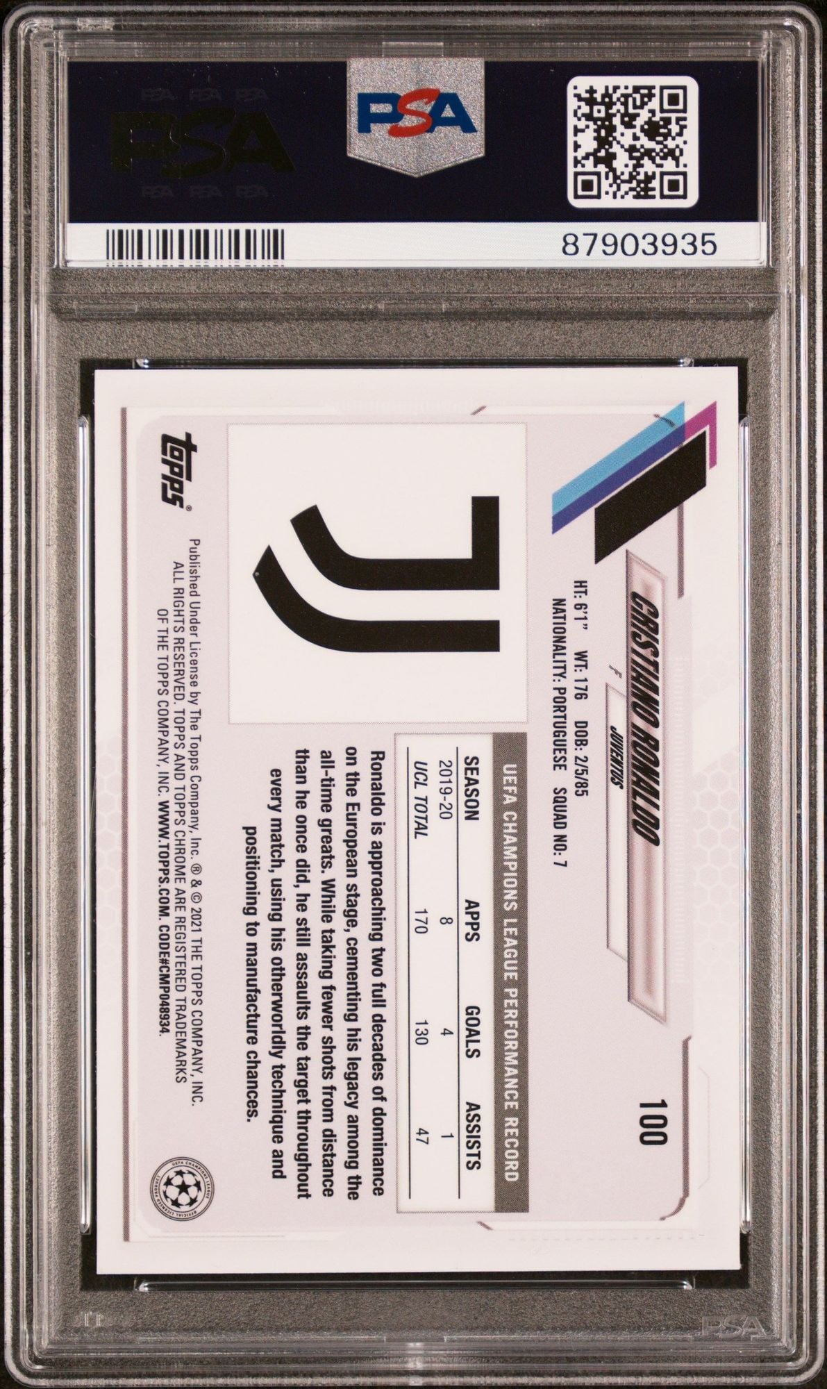 Graded 2020 Topps Chrome UCL Cristiano Ronaldo #100 x Steve Aoki UEFA Champions League Neon Future Soccer Card PSA 10 Gem Mint