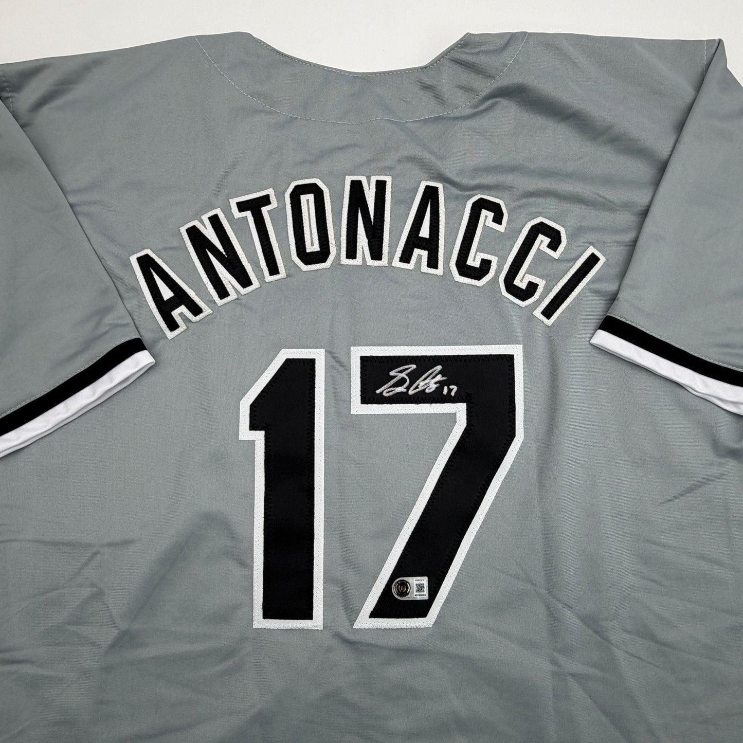Autographed/Signed Sam Antonacci Chicago Grey Baseball Jersey Beckett BAS COA