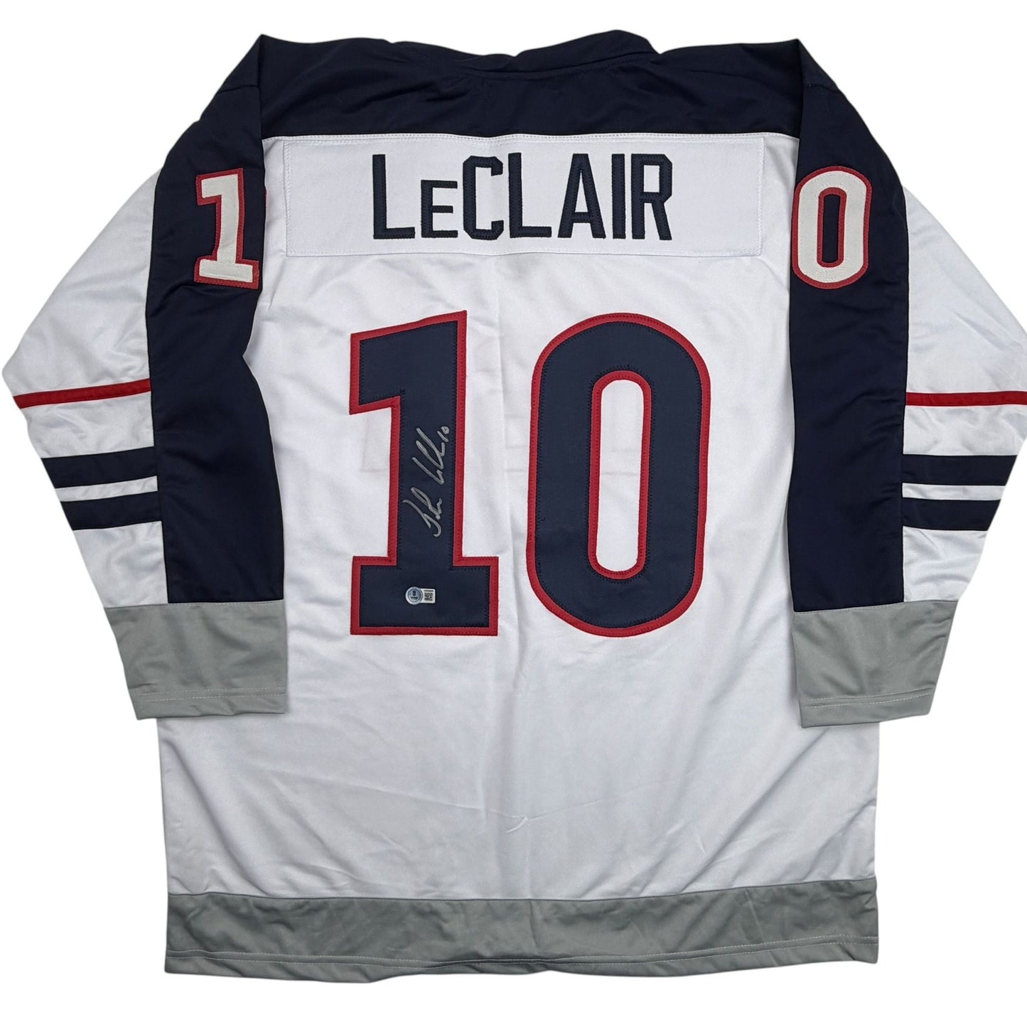 Autographed/Signed John LeClair United States Team USA White Hockey Jersey Beckett BAS COA