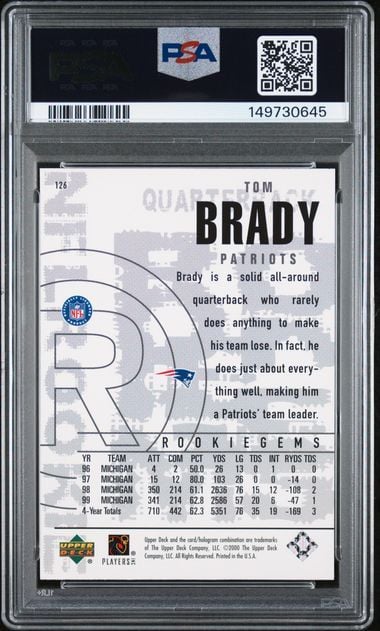Graded 2000 UD Black Diamond Tom Brady #126 Rookie RC Football Card PSA 8 NM-MT