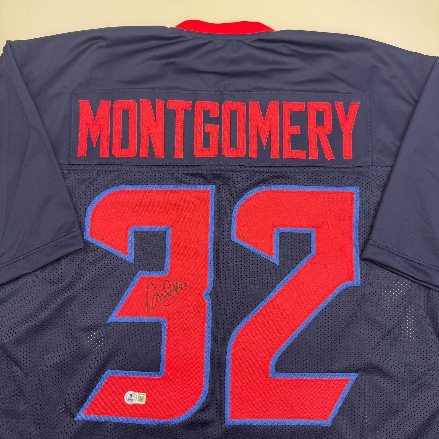 Autographed/Signed David Montgomery Houston Blue Alternate Football Jersey Beckett BAS COA