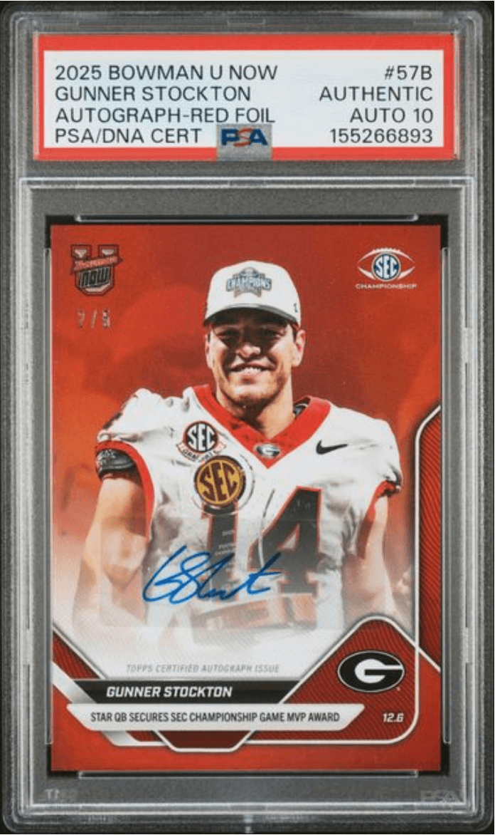 Graded 2025 Topps Bowman U Now Gunner Stockton #57B Autograph Red Foil /5 Rookie RC Football Card Authentic Auto PSA 10 Gem Mint