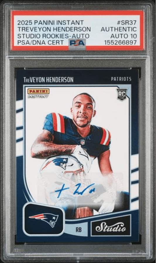Graded 2025 Panini Instant Treveyon Henderson #SR37 Studio Rookies Auto /99 Rookie RC Football Card Authentic Auto PSA 10 Gem Mint