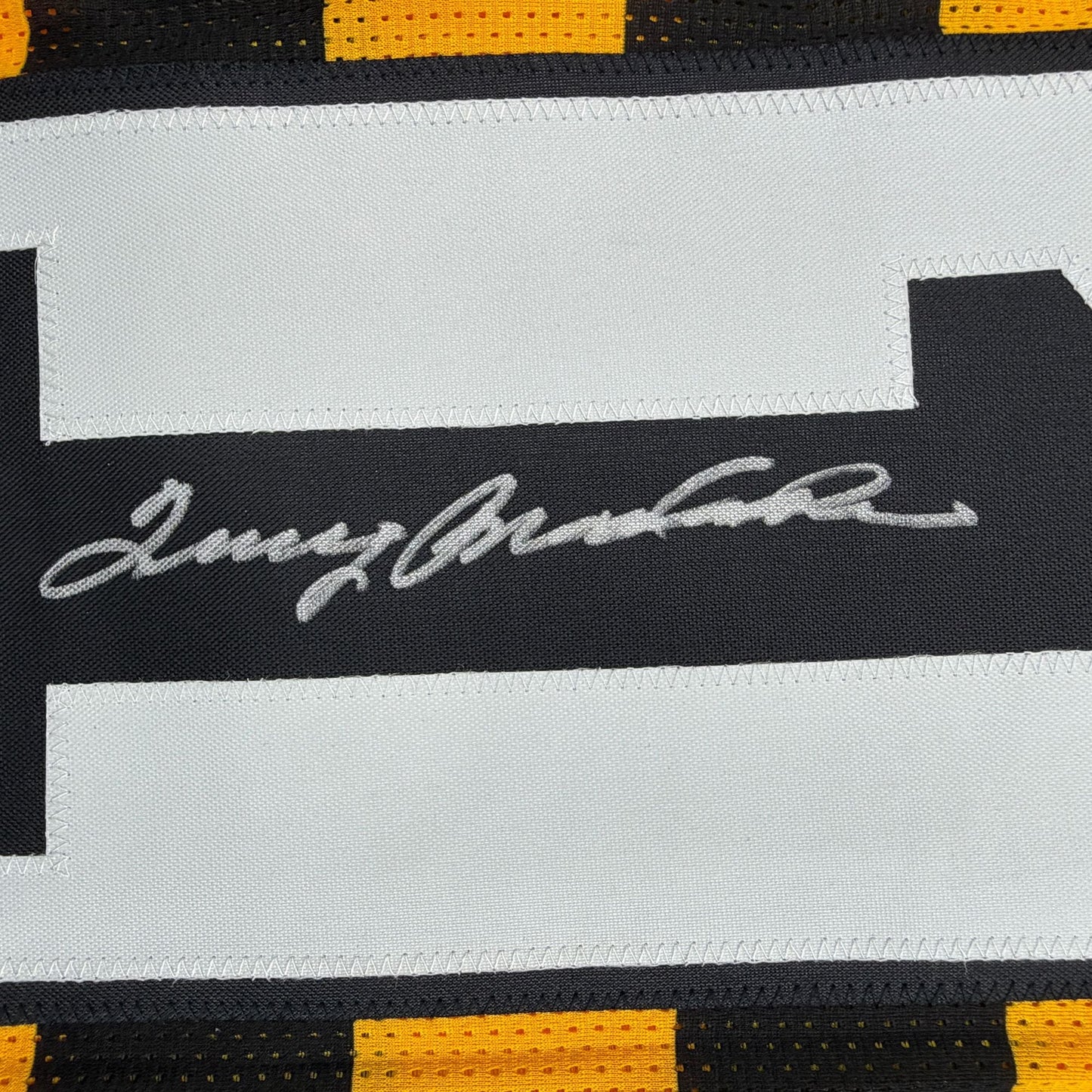 Autographed/Signed Terry Bradshaw Pittsburgh Bumble Bee Football Jersey Beckett BAS COA