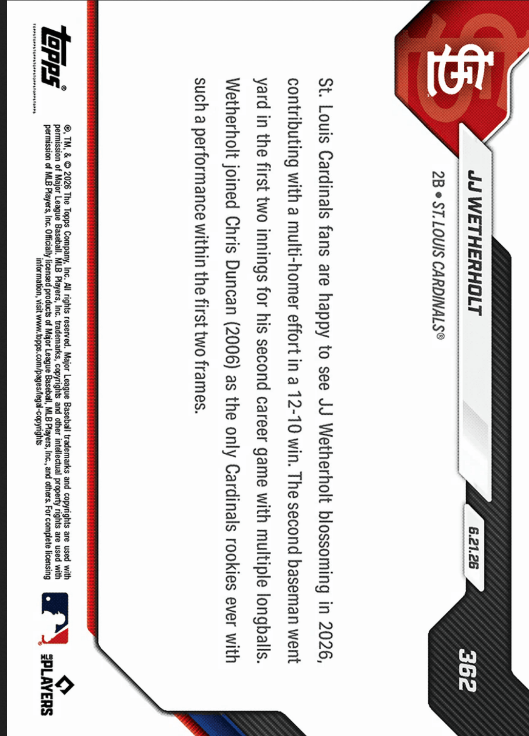 2026 Topps Now JJ Wetherholt #362 Red Foil /5 2nd Club Rookie with Home Runs in 1st Two Innings St Louis Cardinals Rookie RC Baseball Card