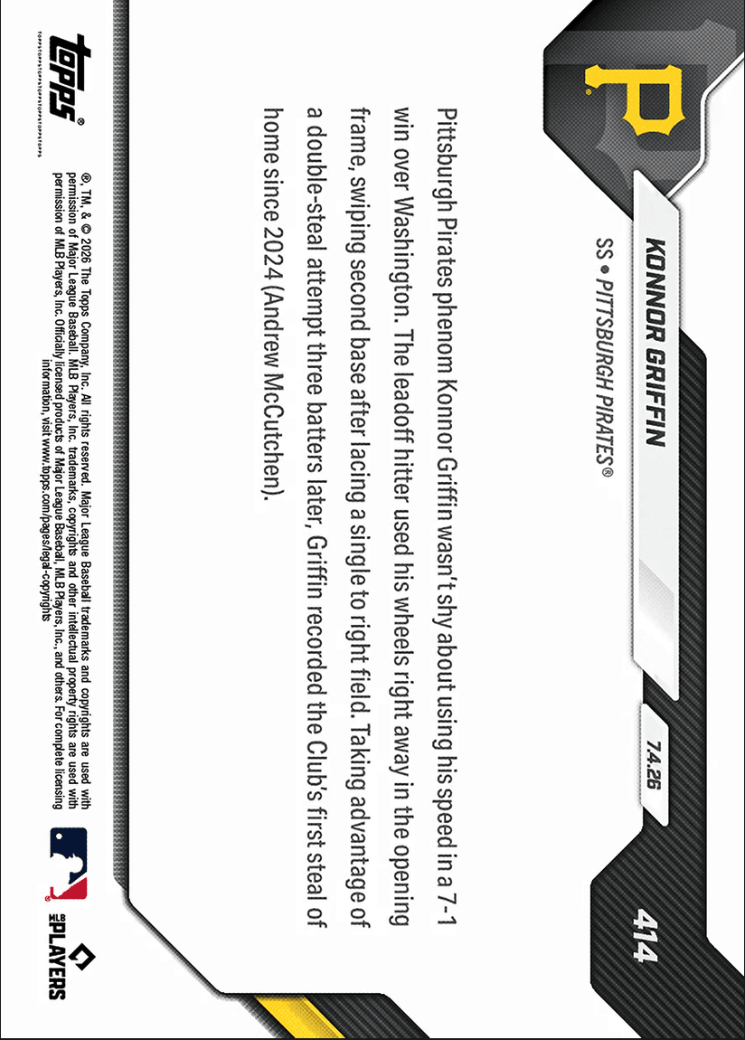 2026 Topps Now Konnor Griffin #414 1st Career Swipe of Home Ignites Pirates Holiday Win Pittsburgh Pirates Rookie RC Baseball Card