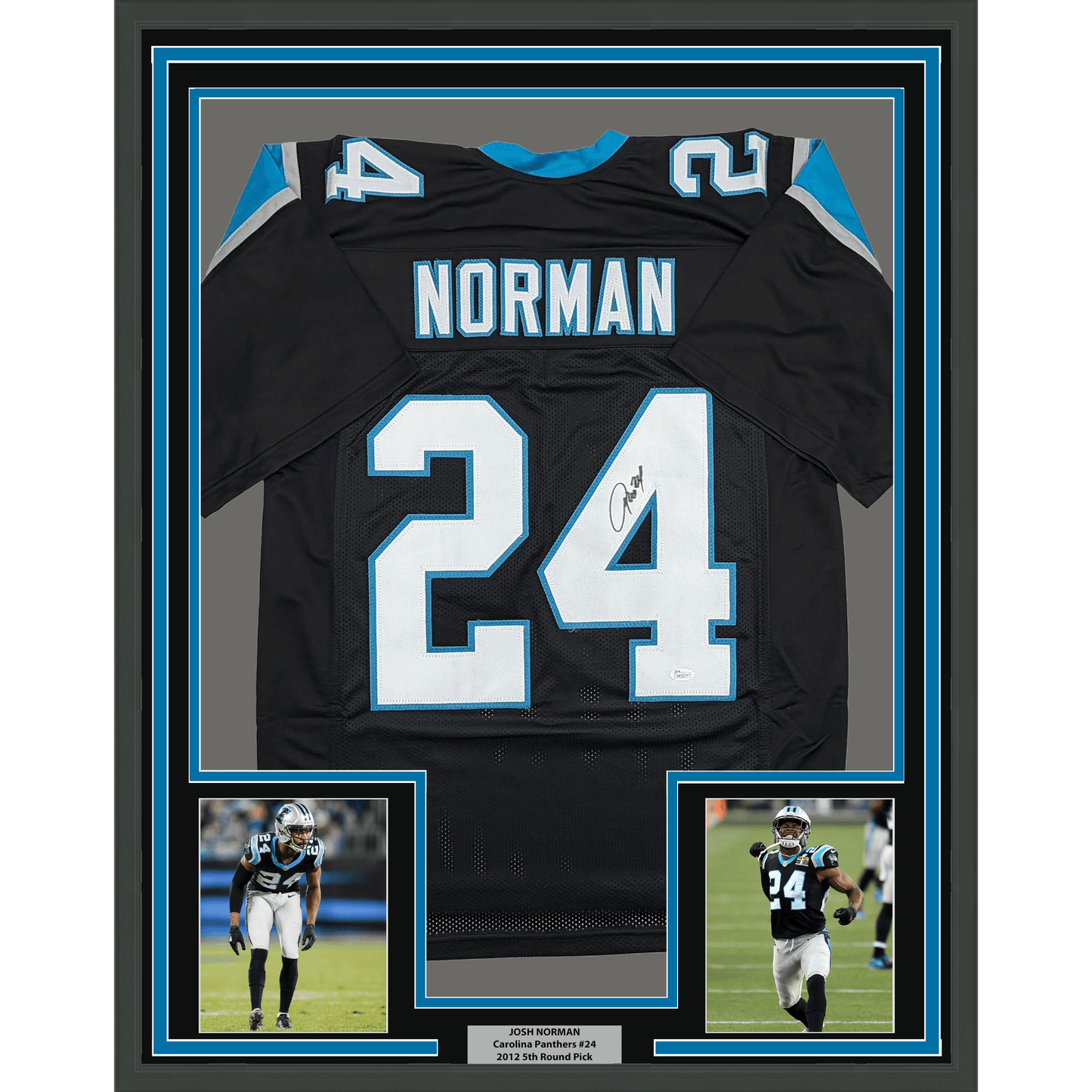 Framed Autographed/Signed Josh Norman 35x39 Carolina Black Football Jersey JSA COA