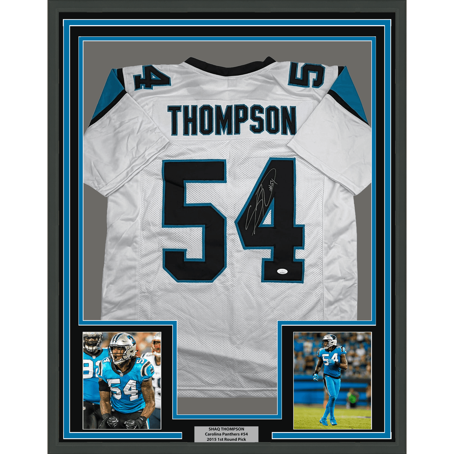 Framed Autographed/Signed Shaq Thompson 35x39 Carolina White Football Jersey JSA COA