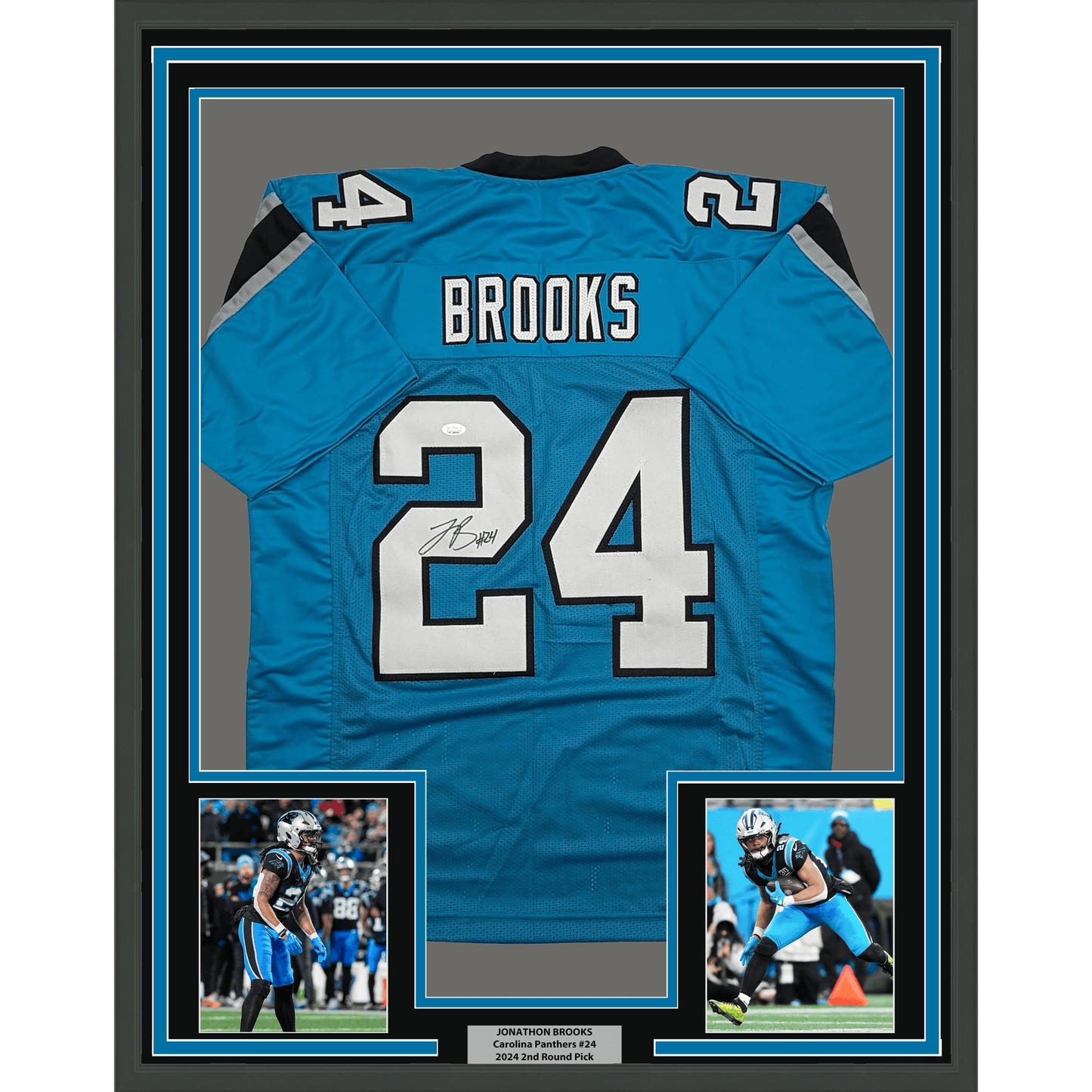 Framed Autographed/Signed Jonathon Brooks 35x39 Carolina Blue Football Jersey JSA COA