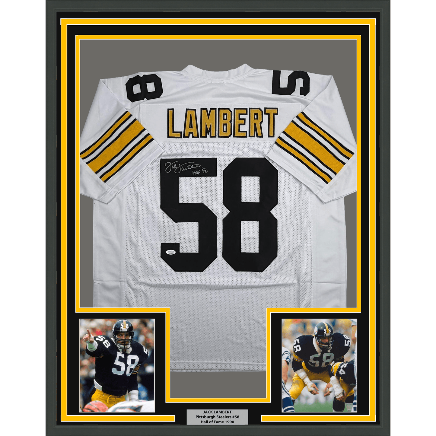 Framed Autographed/Signed Jack Lambert 35x39 Pittsburgh White Football Jersey JSA COA