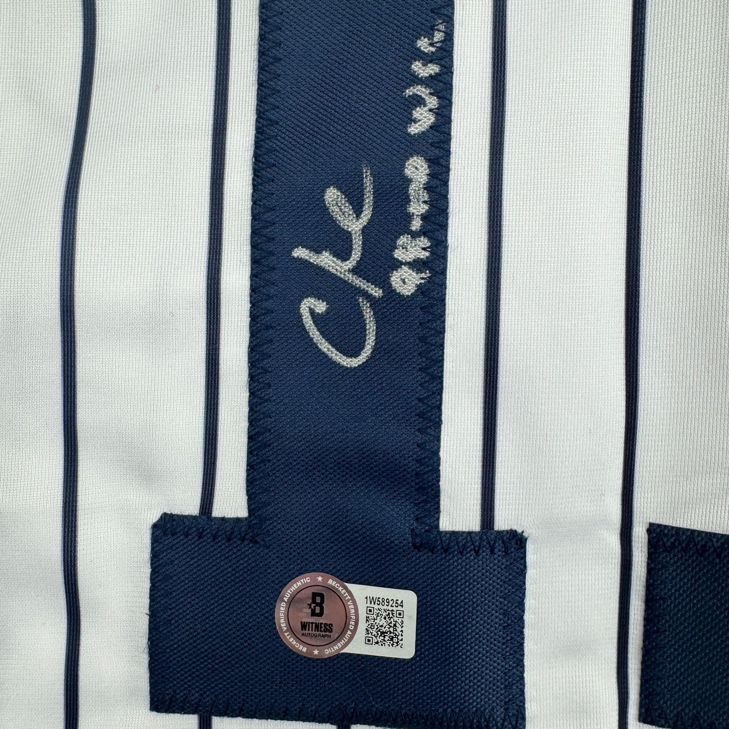 Autographed/Signed Chuck Knoblauch "98-00 WSC" New York Pinstripe Baseball Jersey Beckett BAS COA