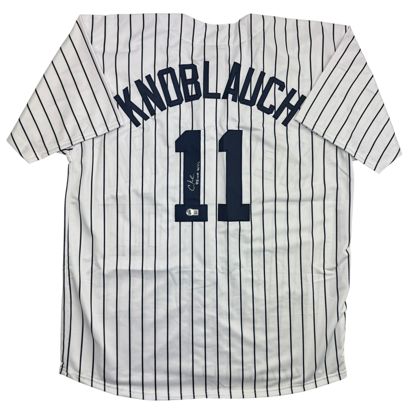 Autographed/Signed Chuck Knoblauch "98-00 WSC" New York Pinstripe Baseball Jersey Beckett BAS COA