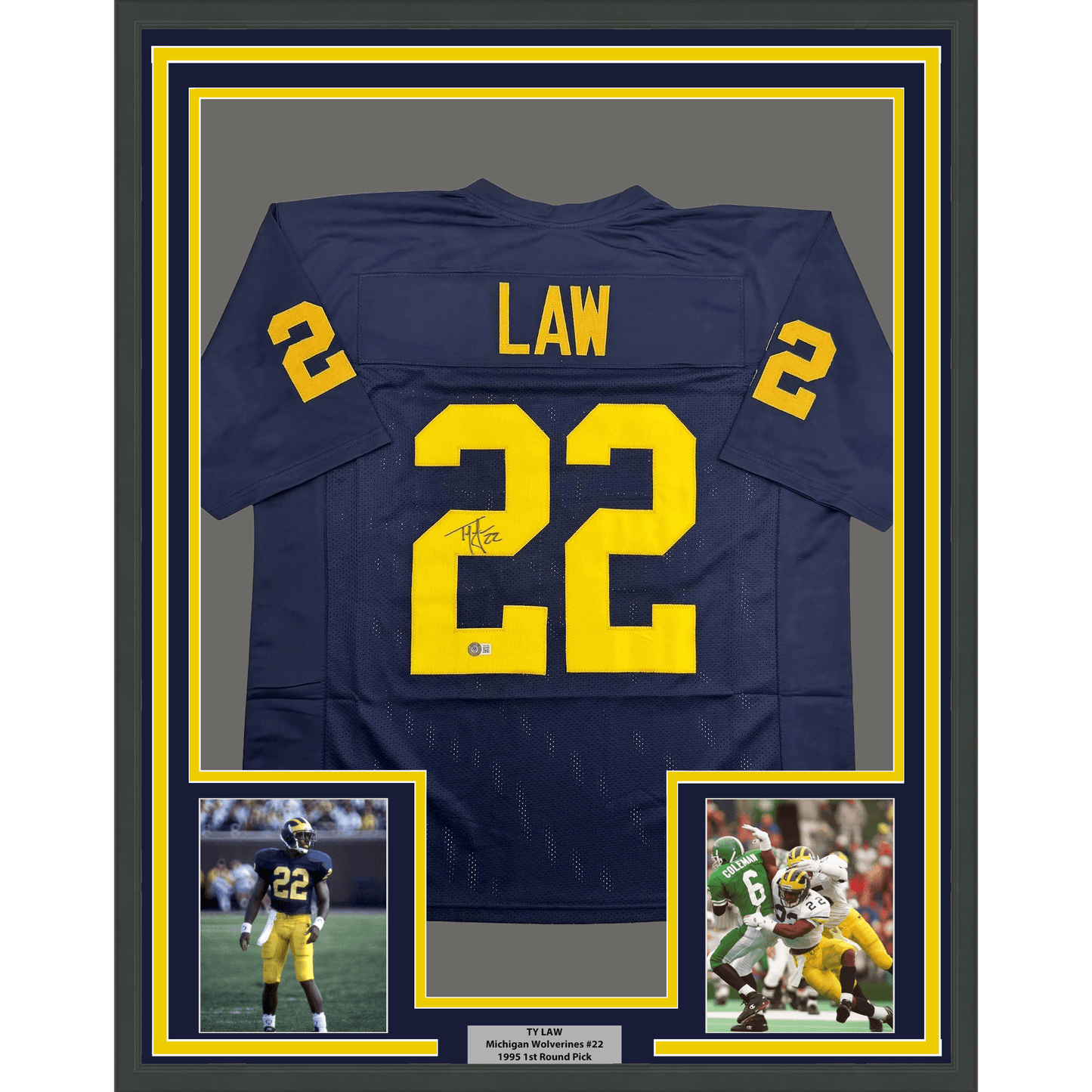 Framed Autographed/Signed Ty Law 35x39 Michigan Blue College Football Jersey Beckett BAS COA