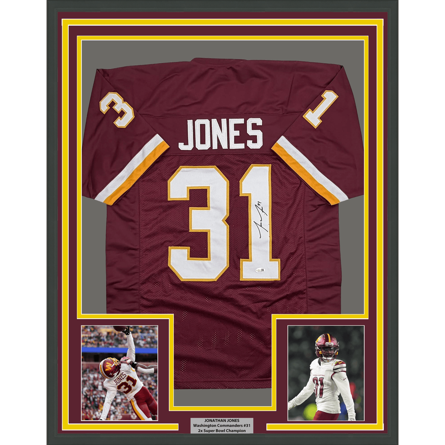 Framed Autographed/Signed Jonathan Jones 35x39 Washington Maroon Football Jersey JSA COA