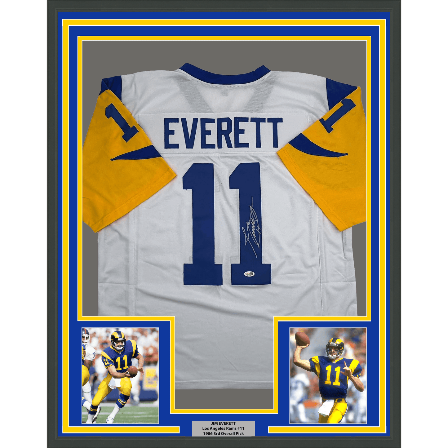 Framed Autographed/Signed Jim Everett 35x39 Los Angeles LA White Football Jersey JSA COA