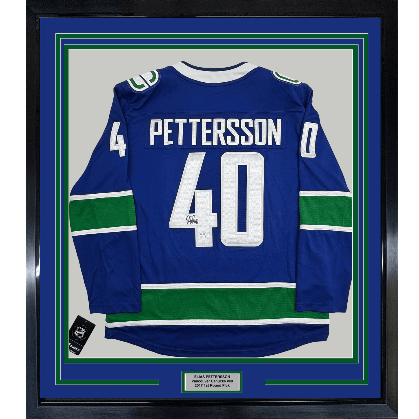 Framed Autographed/Signed Elias Pettersson 35x39 Vancouver Canucks Blue Authentic Hockey Jersey Fanatics COA