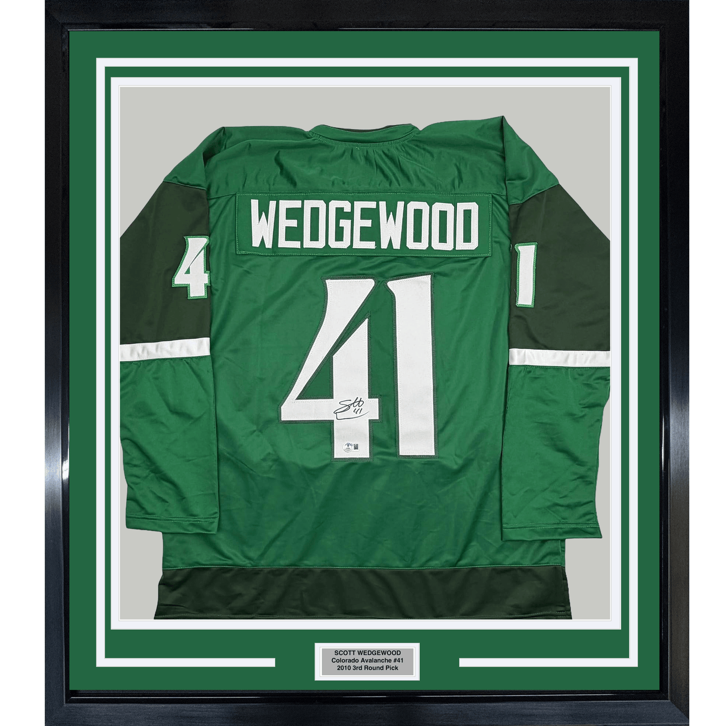 Framed Autographed/Signed Scott Wedgewood 35x39 Colorado Green St. Patrick's Day Hockey Jersey Beckett BAS COA