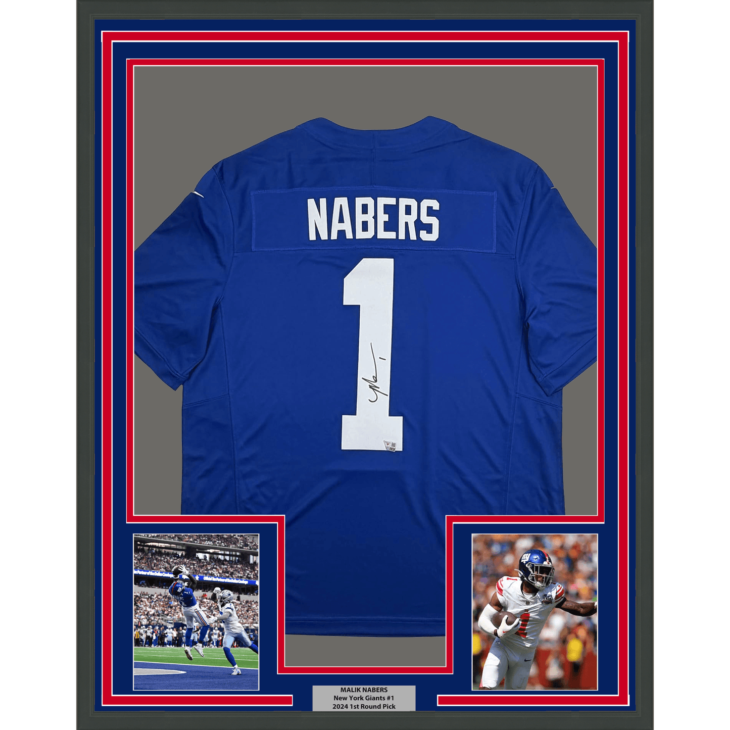 Framed Autographed/Signed Malik Nabers 35x39 New York Giants Blue Authentic Football Jersey Fanatics COA