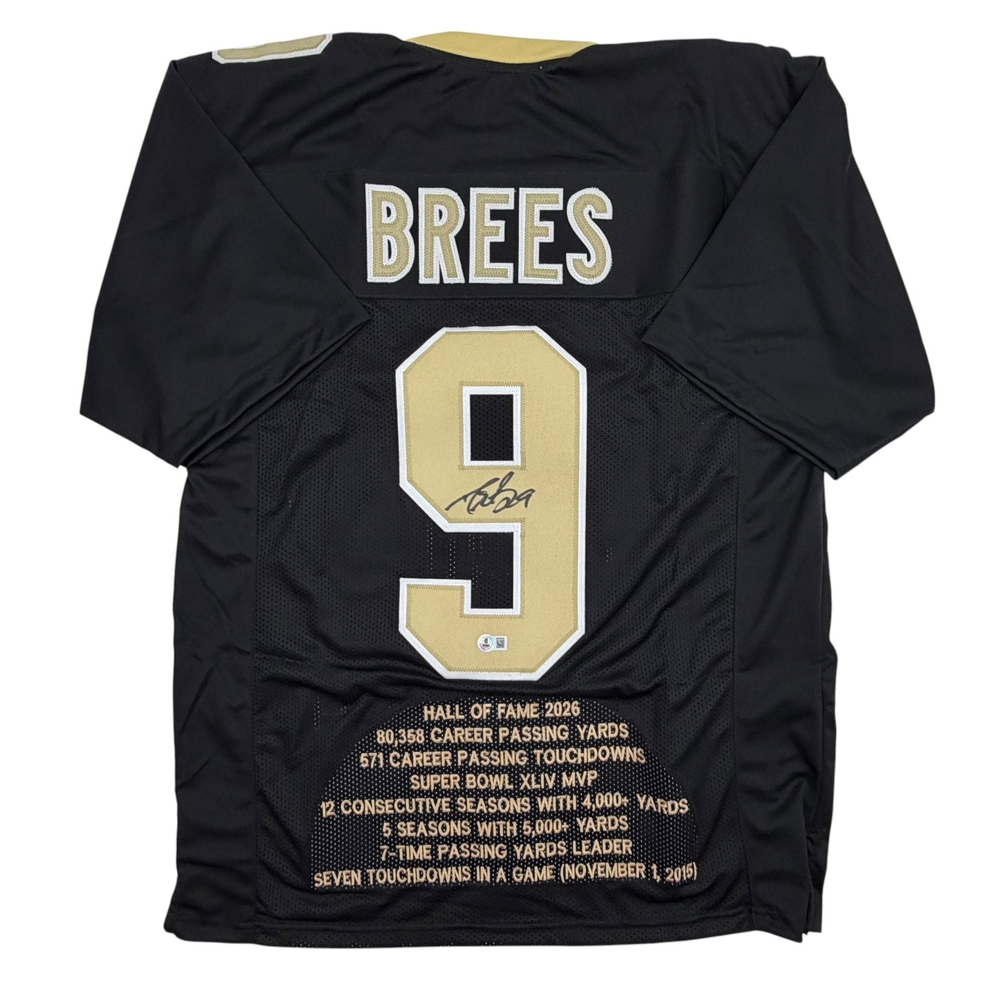 Autographed/Signed Drew Brees New Orleans Black Stat Football Jersey Beckett BAS COA
