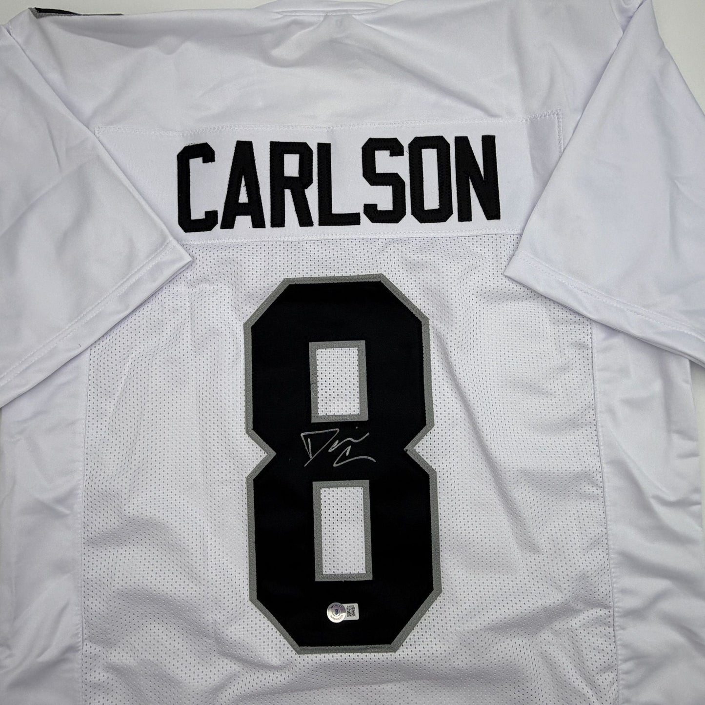 Autographed/Signed Daniel Carlson Las Vegas White Football Jersey Beckett BAS COA