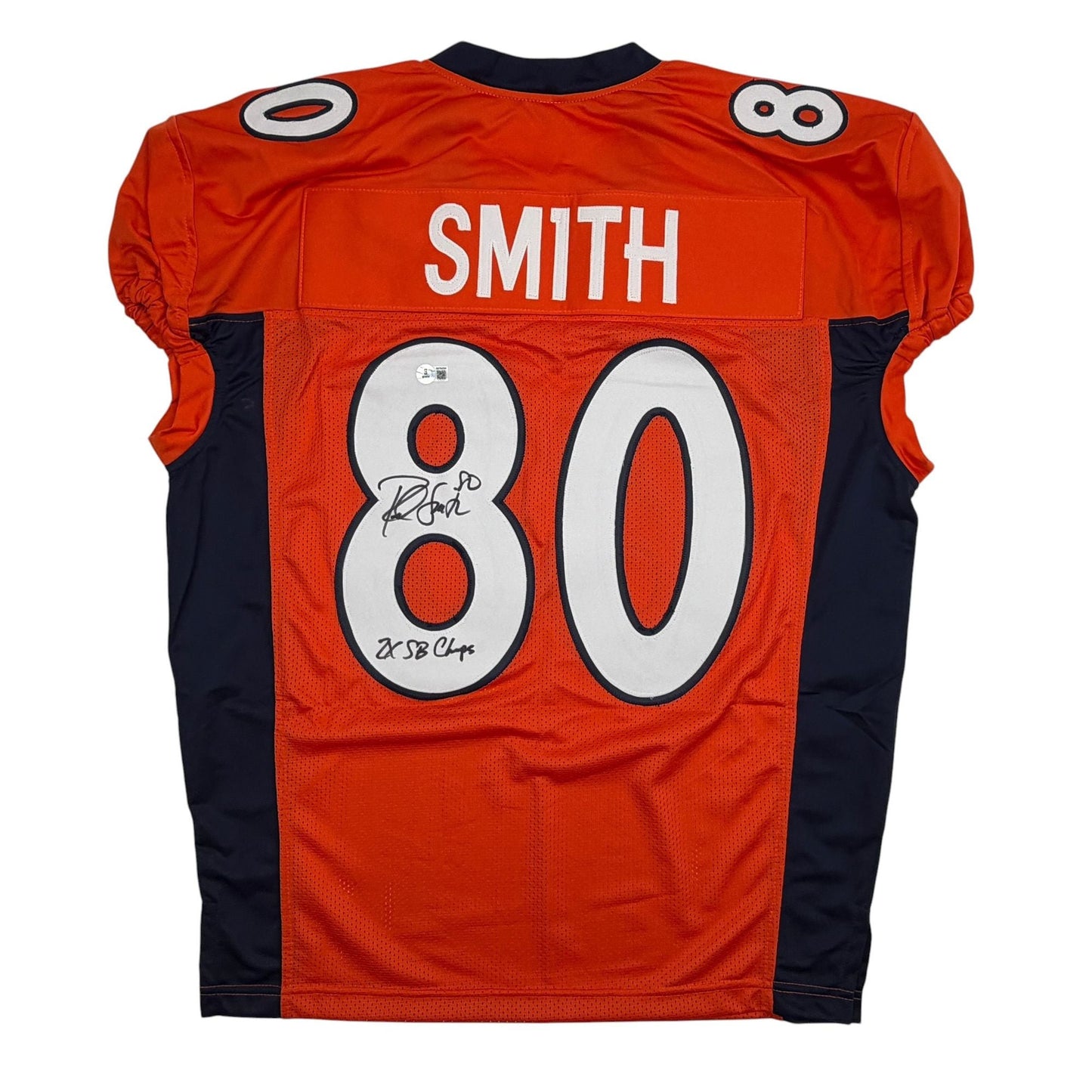 Autographed/Signed Rod Smith 2x SB Champs Denver Orange Pro Cut Football Jersey Beckett BAS COA