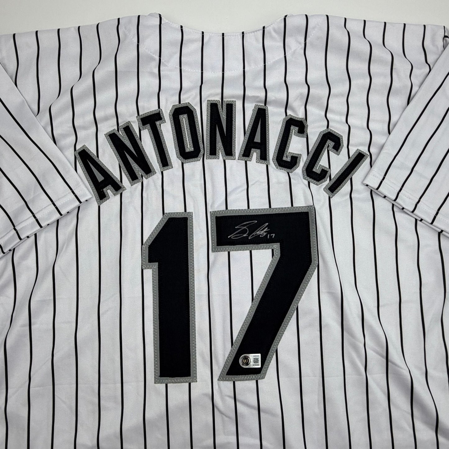 Autographed/Signed Sam Antonacci Chicago Pinstripe Baseball Jersey Beckett BAS COA