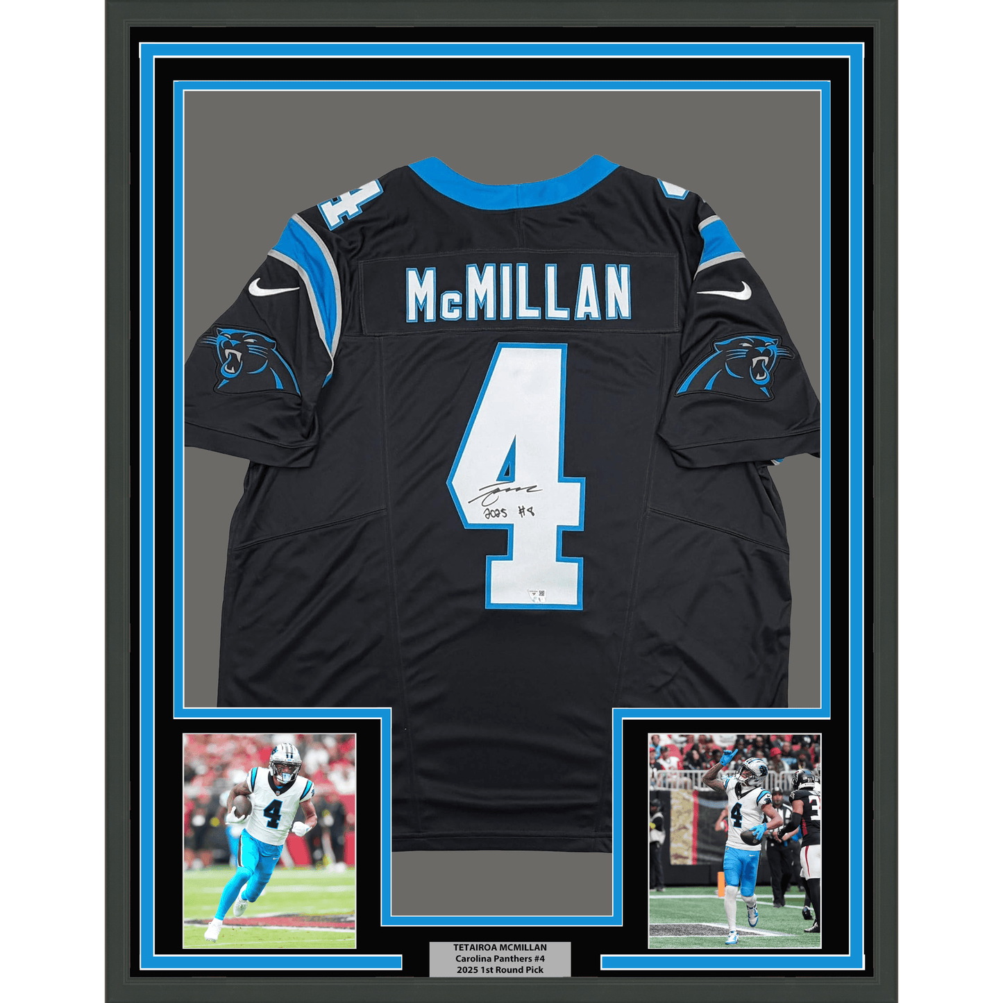 Framed Autographed/Signed Tetairoa McMillan 35x39 Carolina Panthers Black Authentic Football Jersey Fanatics COA