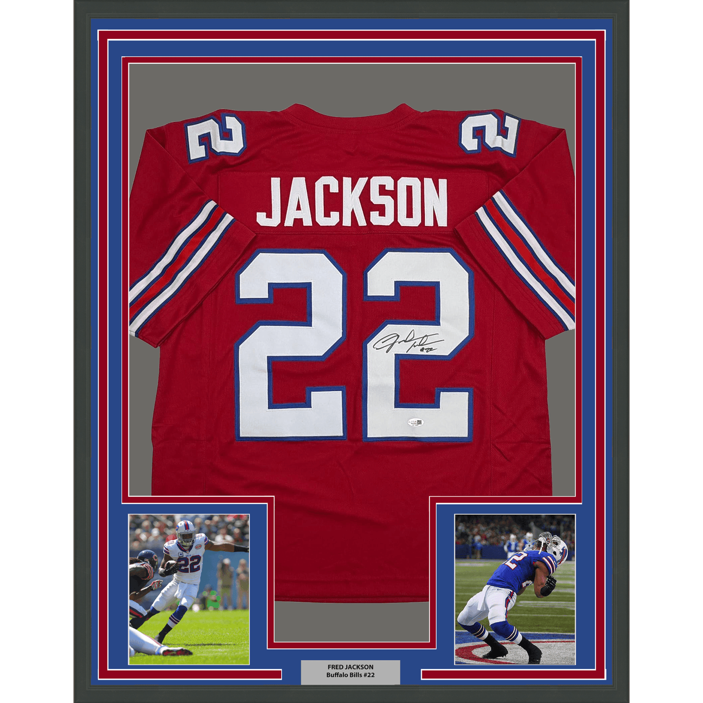 Framed Autographed/Signed Fred Jackson 35x39 Buffalo Red Football Jersey JSA COA