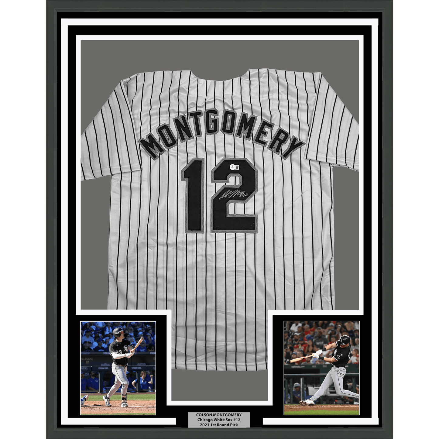 Framed Autographed/Signed Colson Montgomery 35x39 Chicago Pinstripe Baseball Jersey Beckett BAS COA