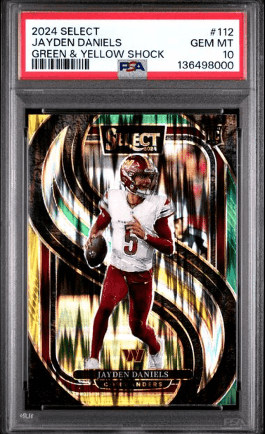 Graded 2024 Panini Select Jayden Daniels #112 Green & Yellow Shock Rookie RC Football Card PSA 10 Gem Mint
