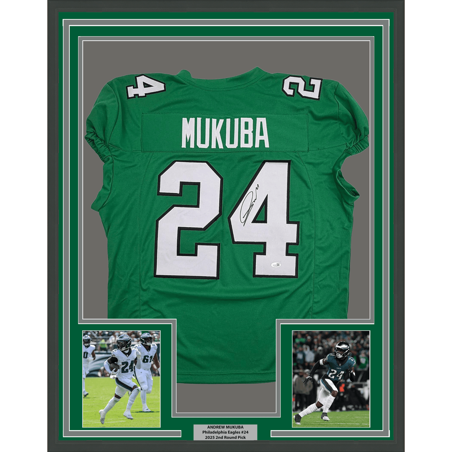 Framed Autographed/Signed Andrew Mukuba 35x39 Philadelphia Kelly Green Pro Cut Football Jersey JSA COA