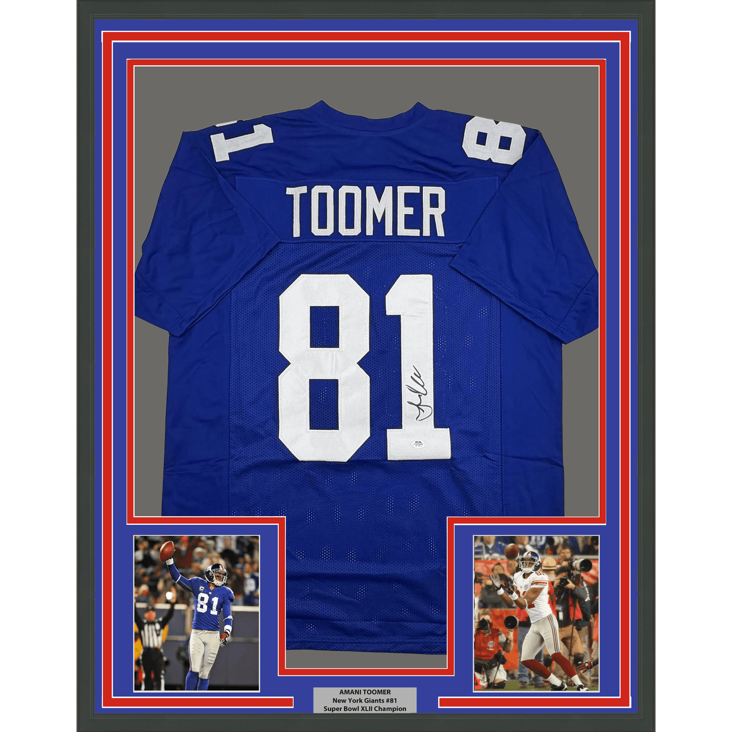 Framed Autographed/Signed Amani Toomer 35x39 New York Blue Football Jersey PSA/DNA COA