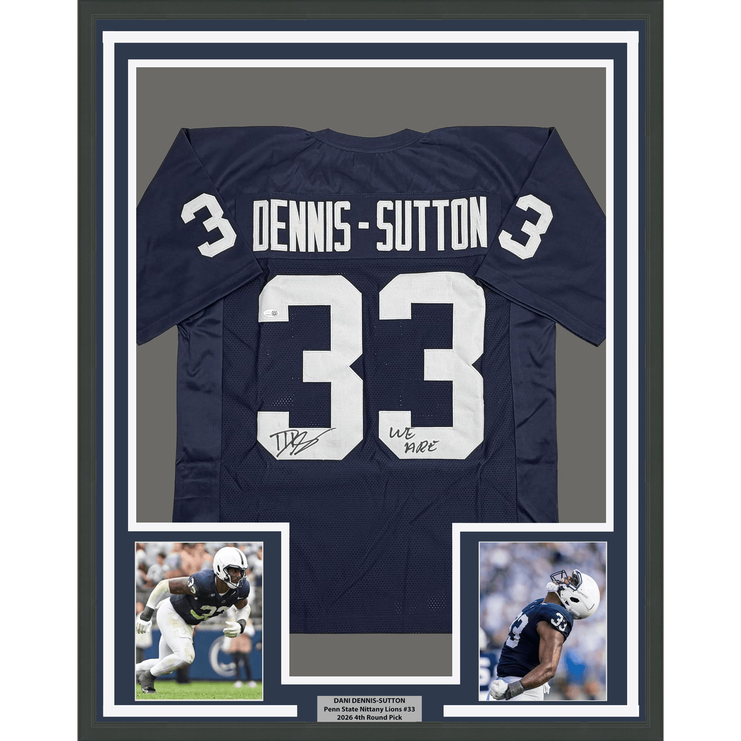 Framed Autographed/Signed Dani Dennis-Sutton 35x39 Penn State Blue College Football Jersey JSA COA