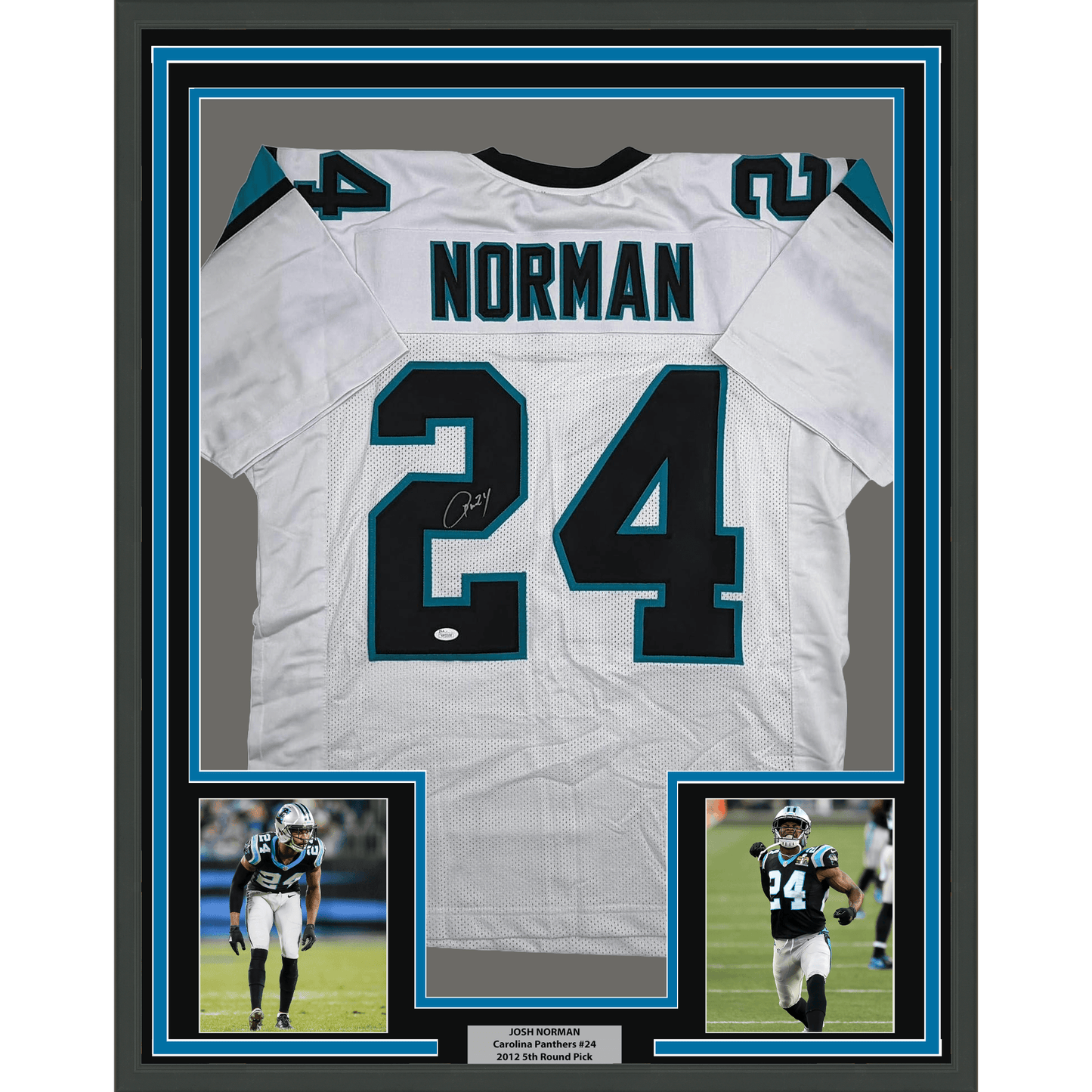 Framed Autographed/Signed Josh Norman 35x39 Carolina White Football Jersey JSA COA