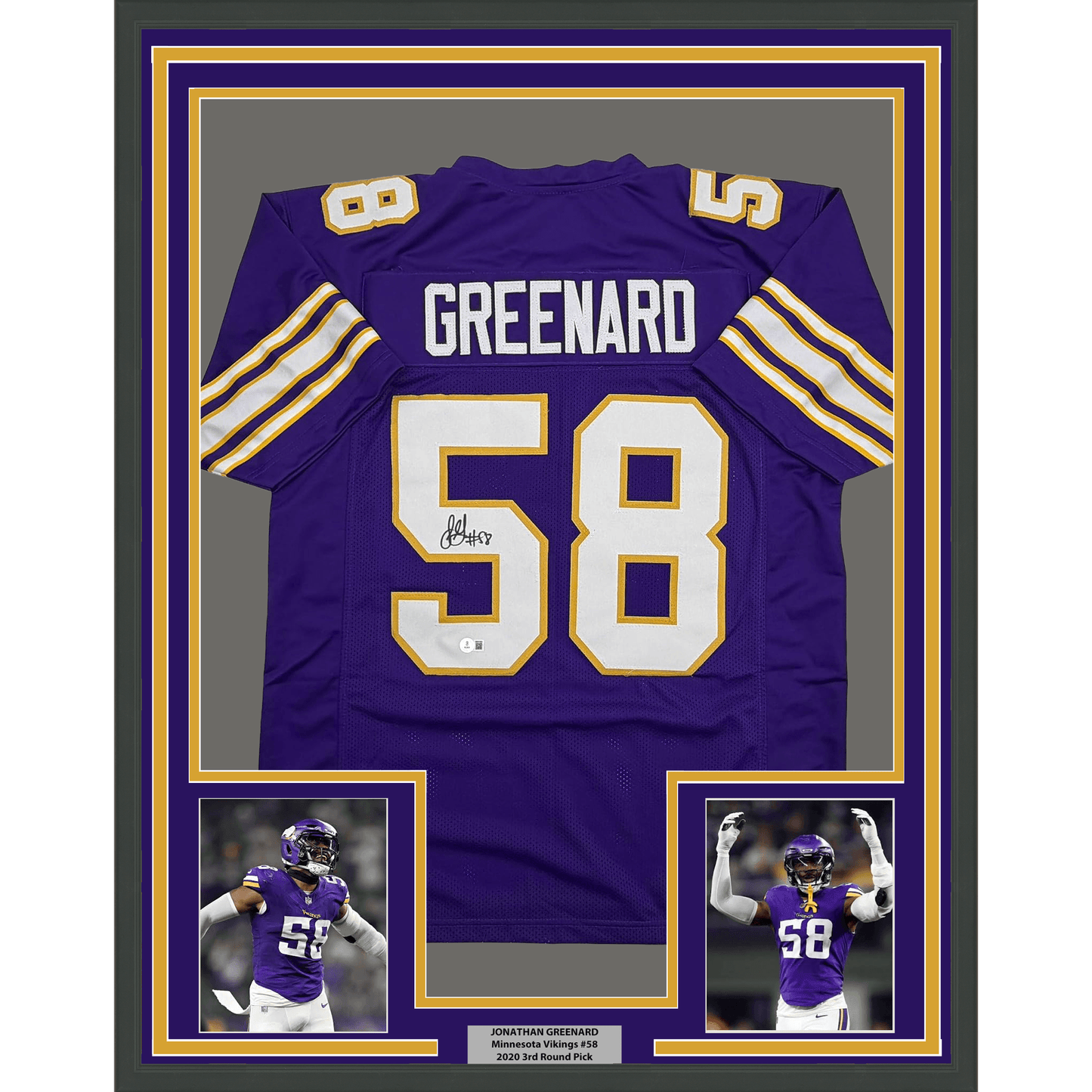 Framed Autographed/Signed Jonathan Greenard 35x39 Minnesota Purple Retro Football Jersey Beckett BAS COA