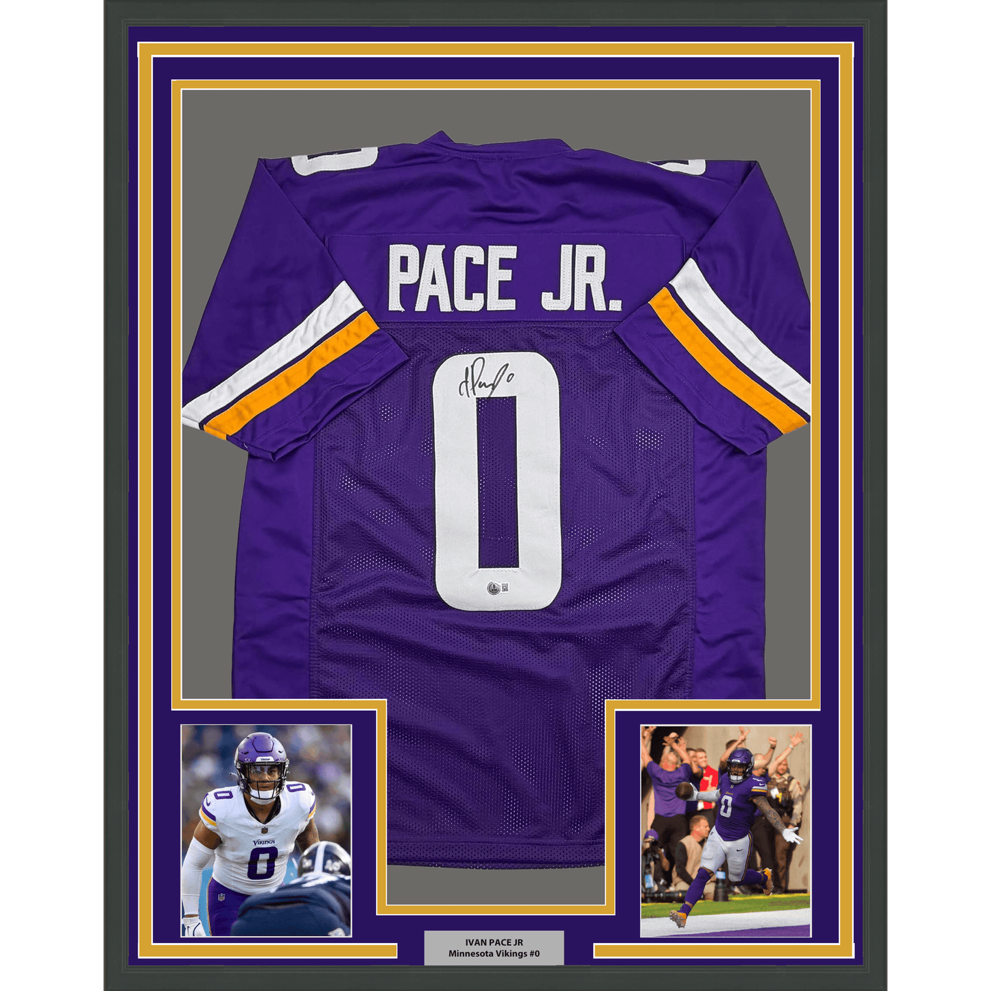 Framed Autographed/Signed Ivan Pace Jr. 35x39 Minnesota Purple Football Jersey Beckett BAS COA