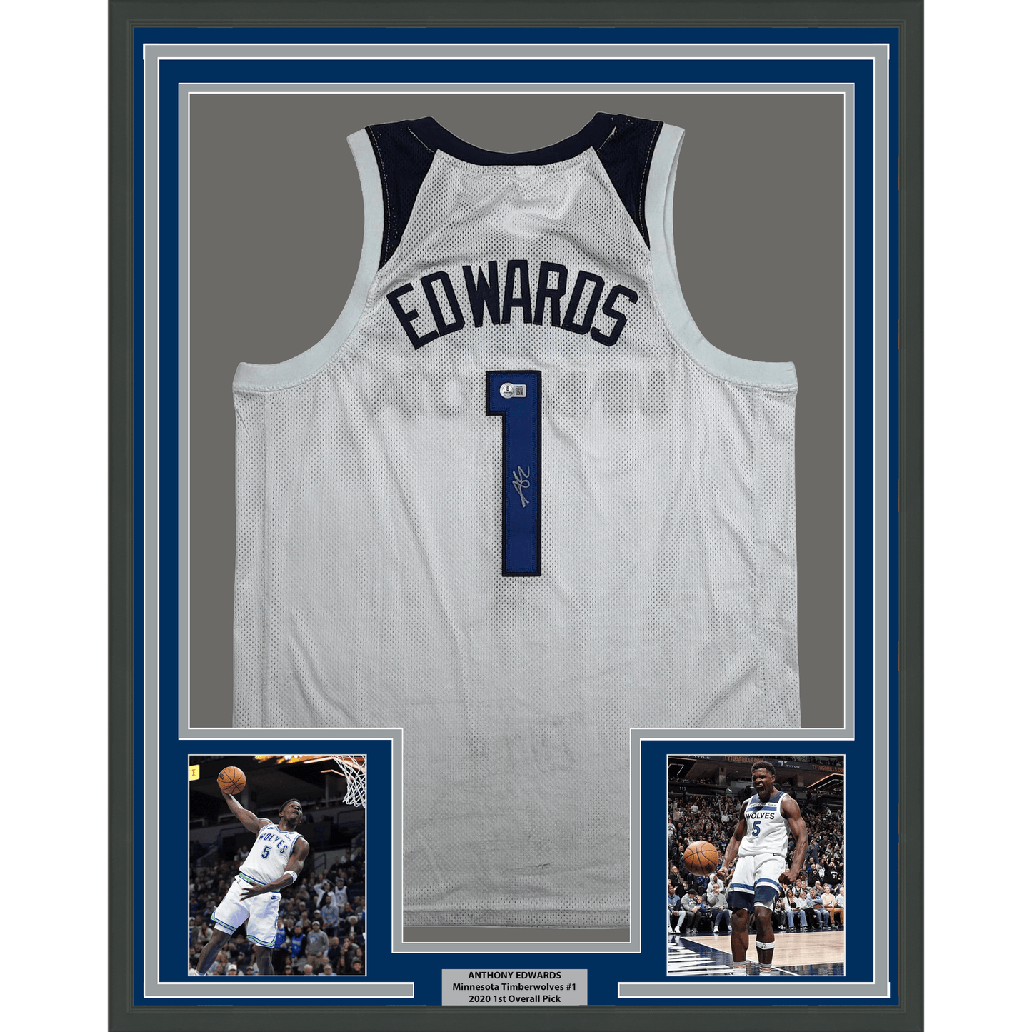 Framed Autographed/Signed Anthony Edwards 35x39 Minnesota White #1 Basketball Jersey Beckett BAS COA