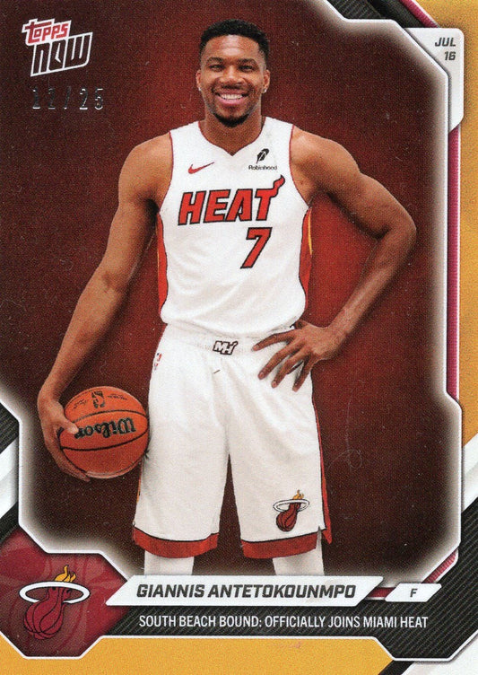 2026 Topps Now Giannis Antetokounmpo #OS02 Orange Foil /25 South Beach Bound: Officially Joins Miami Heat Basketball Card