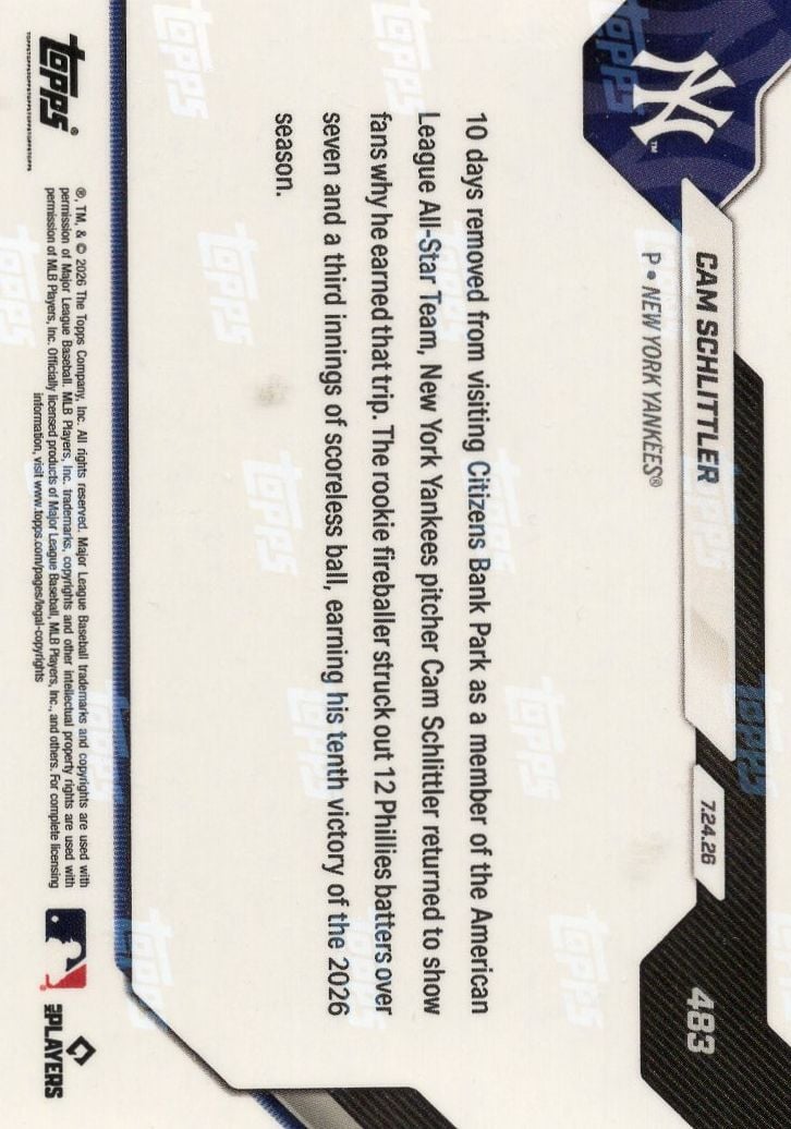 2026 Topps Now Cam Schlittler #483 Orange Foil /25 10th Victory of Season Comes with Dozen Ks New York Yankees Rookie RC Baseball Card