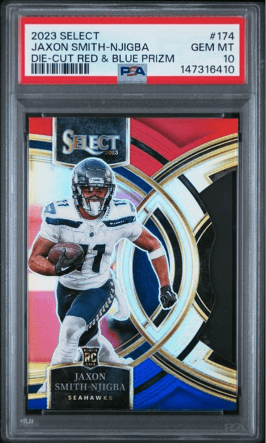 Graded 2023 Panini Select Jaxon Smith-Njigba #174 Die-Cut Red & Blue Prizm Rookie RC Football Card PSA 10 Gem Mint