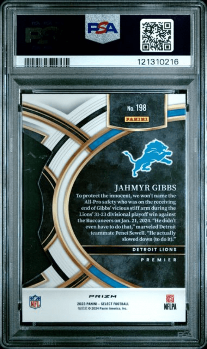 Graded 2023 Panini Select Jahmyr Gibbs #198 Die Cut Green & Yellow Prizm Rookie RC Football Card PSA 10 Gem Mint