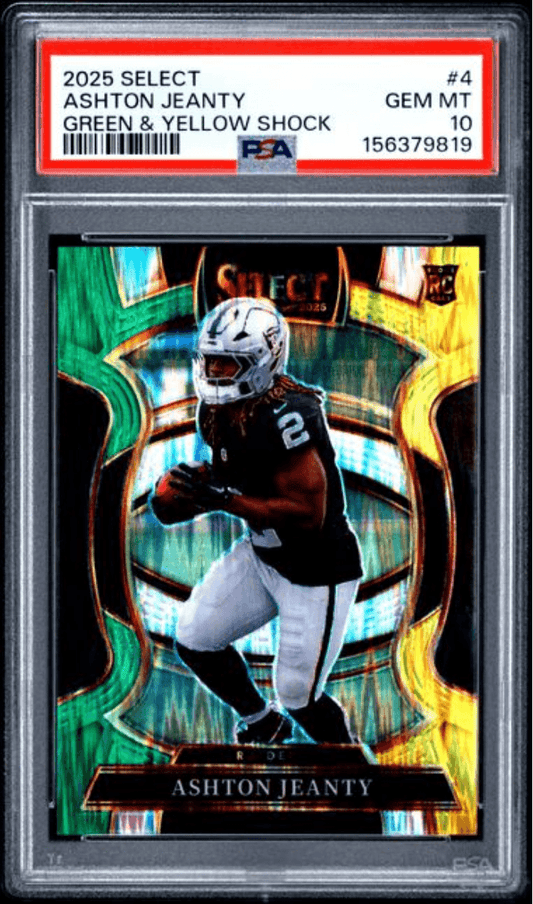 Graded 2025 Panini Select Ashton Jeanty #4 Green & Yellow Shock Rookie RC Football Card PSA 10 Gem Mint