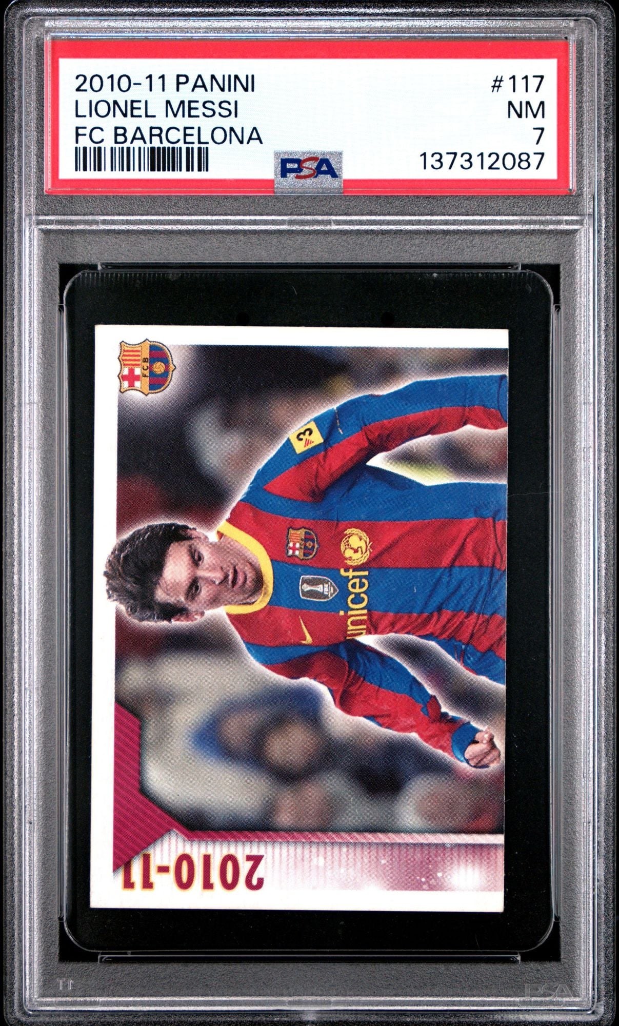 Graded 2010 Panini Lionel Messi #117 FC Barcelona Stickers Soccer Card PSA 7 Near Mint