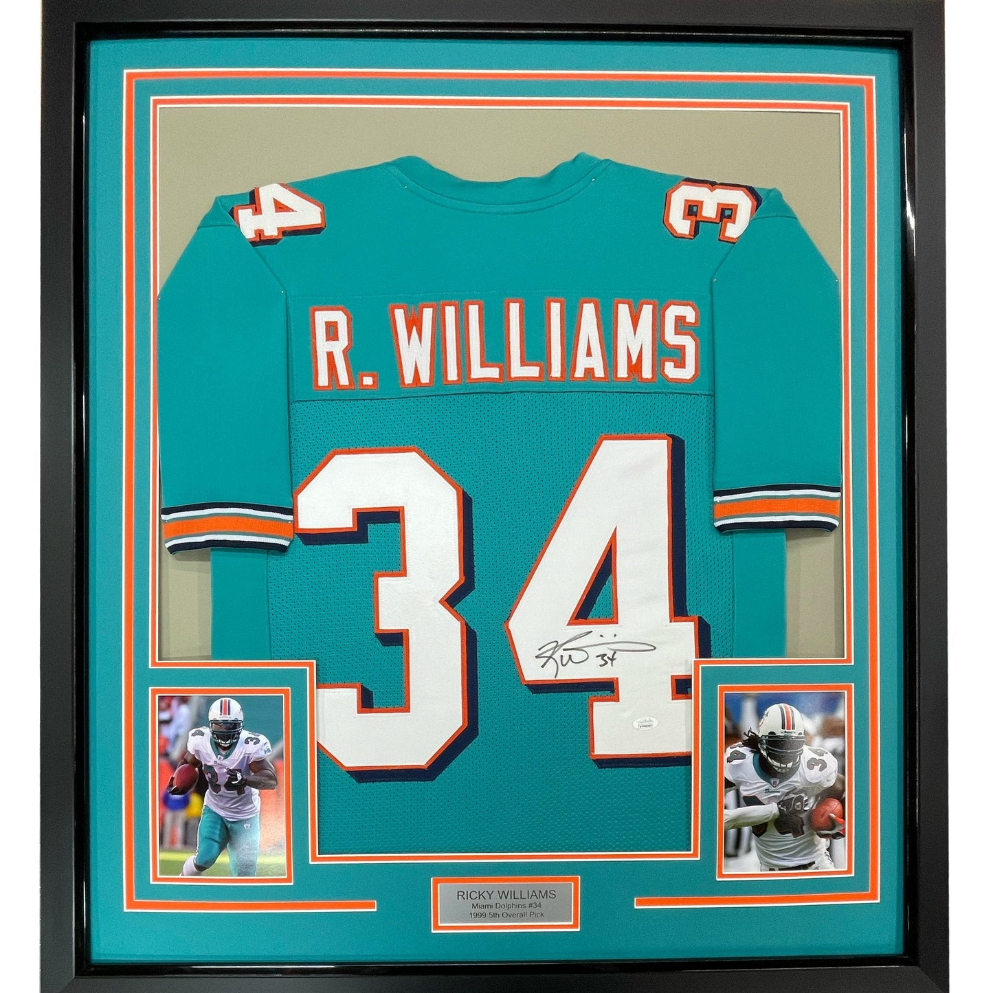 Framed Autographed/Signed Ricky Williams 35x39 Miami Teal Football Jersey JSA COA