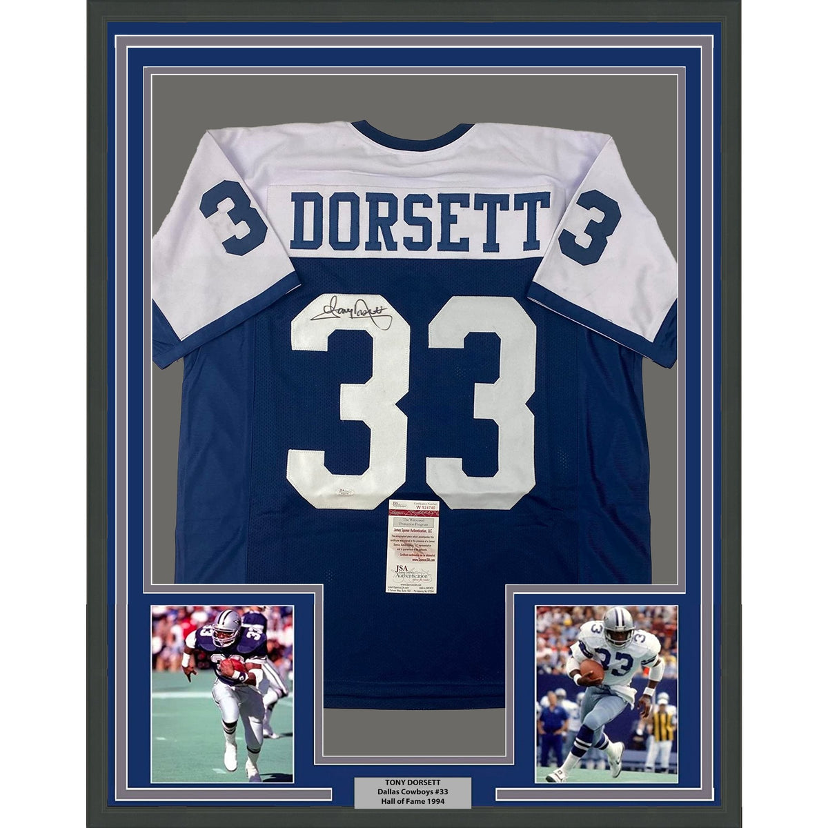 Framed Autographed/Signed Tony Dorsett 35x39 Dallas Thanksgiving Day Football Jersey JSA COA