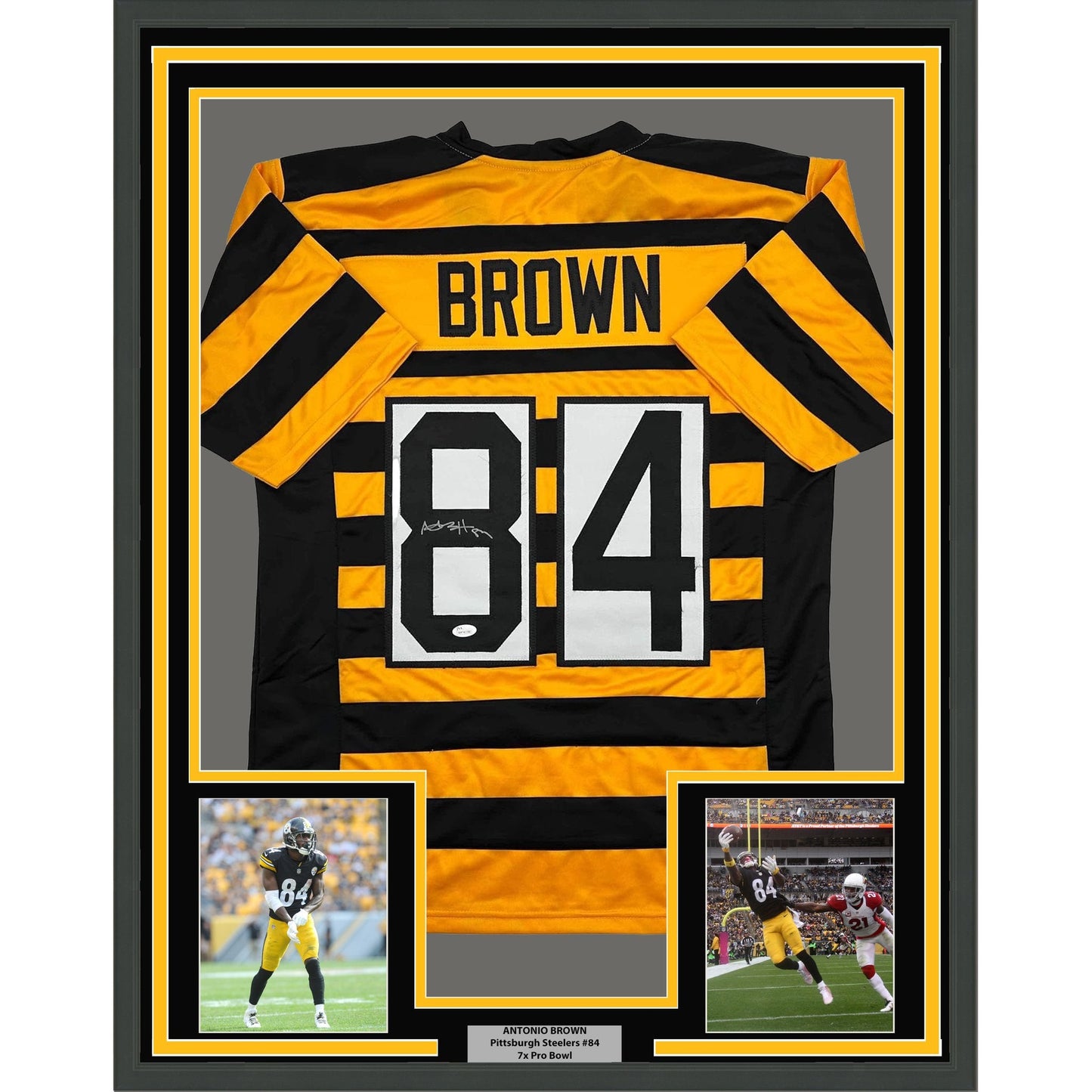 Framed Autographed/Signed Antonio Brown 35x39 Pittsburgh Bumble Bee Football Jersey JSA COA