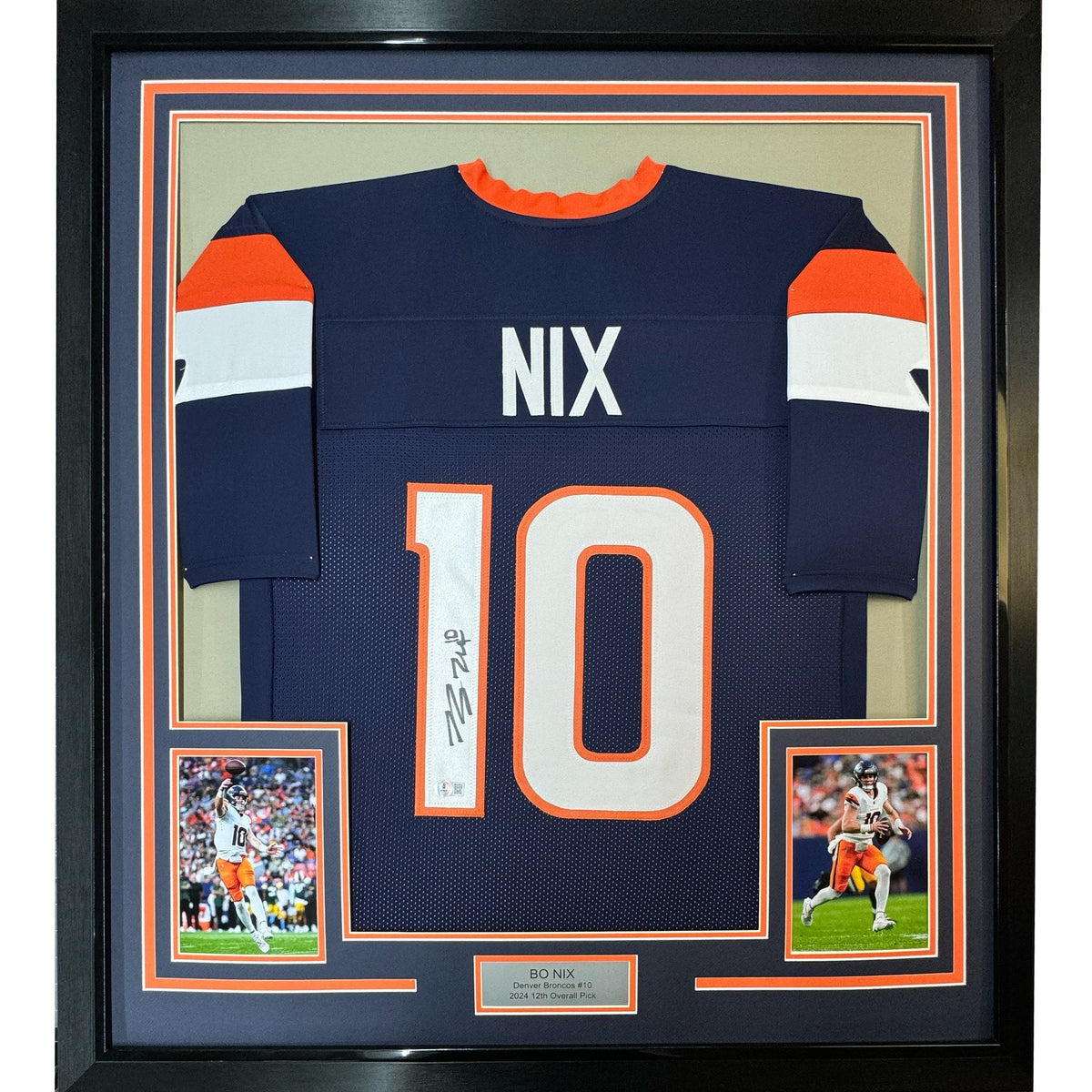 Framed Autographed/Signed Bo Nix 35x39 Denver Blue Football Jersey Beckett BAS COA